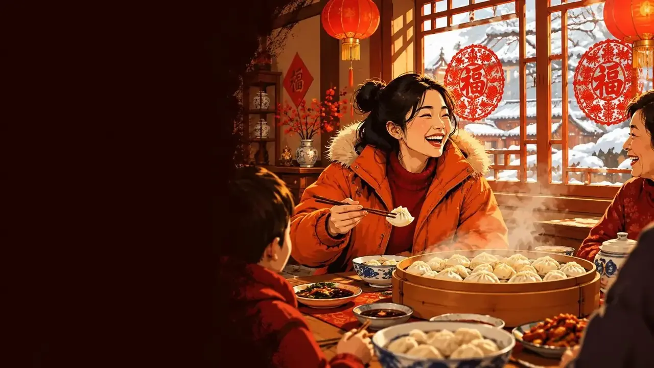 红豆短剧首屏：原创短剧《东北后妈，整顿全家》主视觉插画，合家欢乐子