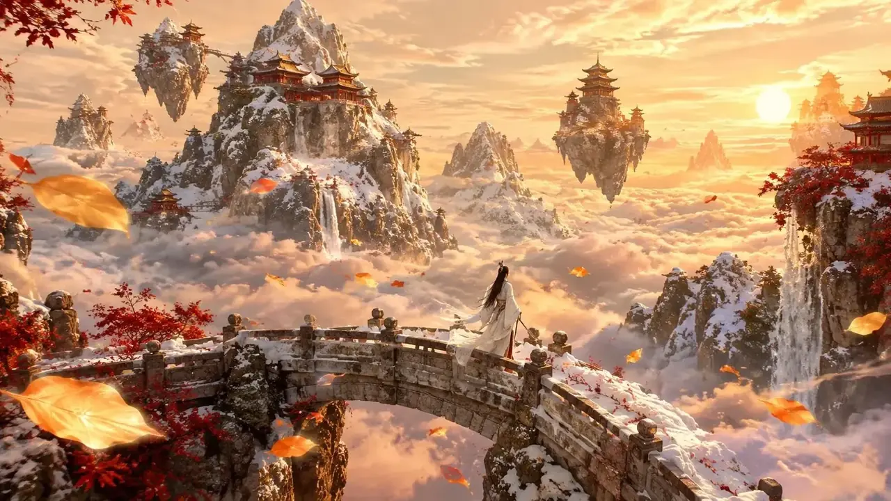 红豆短剧首屏：原创短剧《仙途听雪录》主视觉插画，玄幻仙侠新番